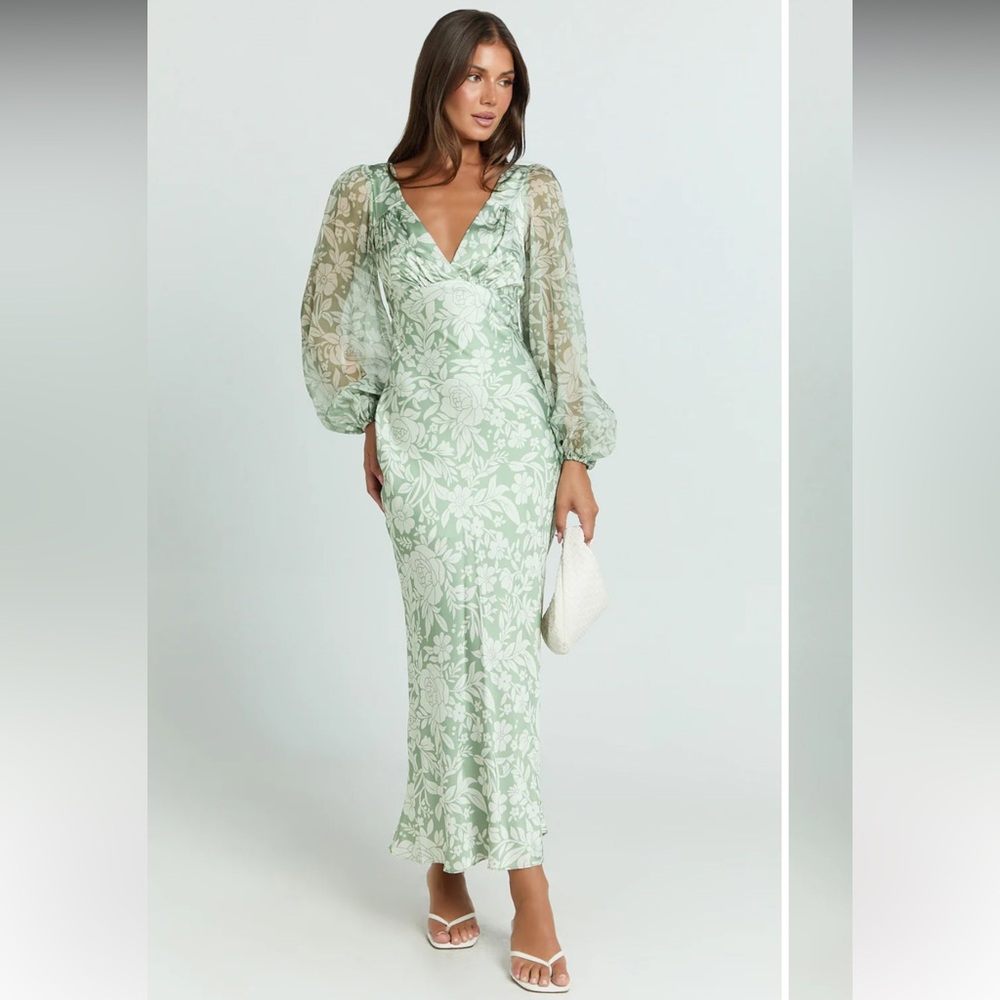 Showpo Sage Green Floral Long Sleeve V-Neck Maxi Dress